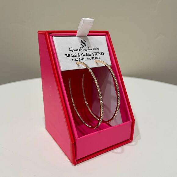 NEW House of Harlow 1960 Gold Tone Hoop Earrings with Brass and Glass Stones - Picture 2 of 5